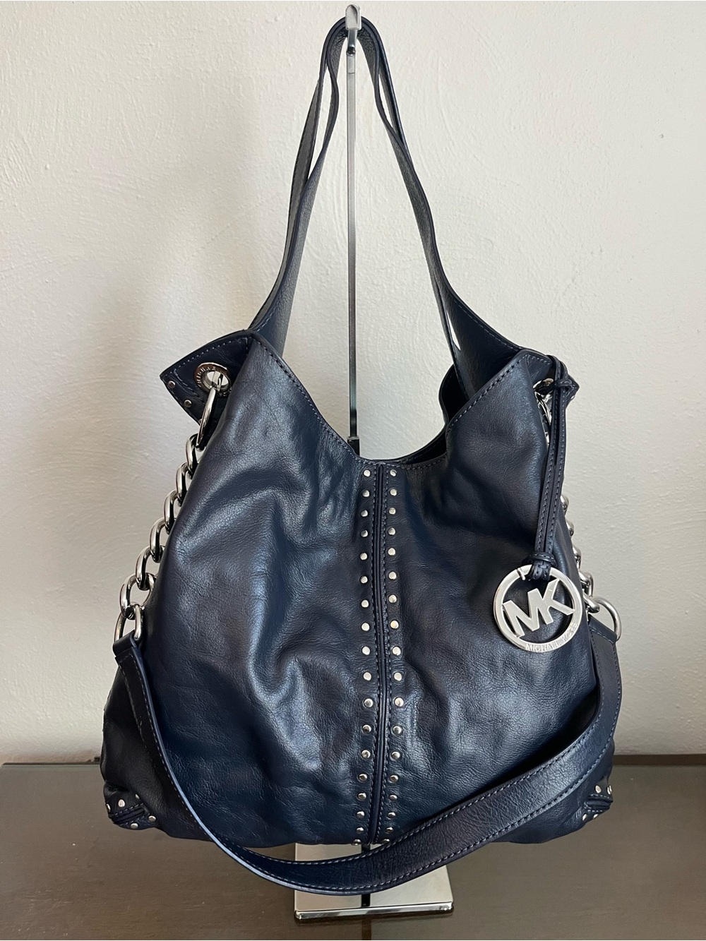 Michael Kors Navy Leather Studded Hobo Shoulder Bag with MK Charm
